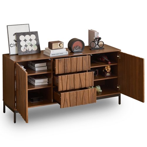 Buffet Avec Tiroirs Et Étagères Réglables - Style Mid-century Moderne - Mdf Pb - Brun Foncé