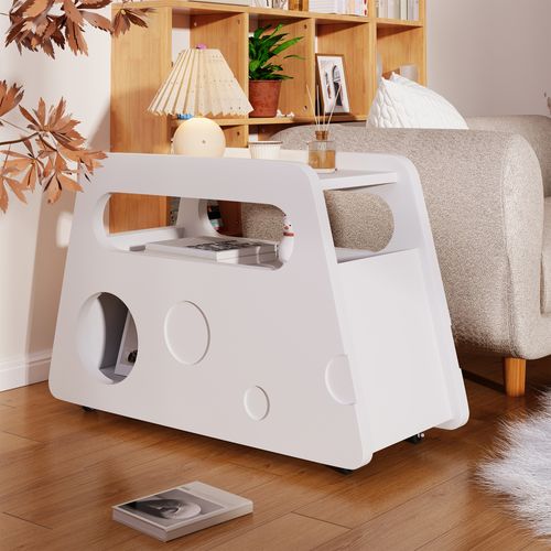 Table D’appoint Mobile - Table Blanche Avec Roulettes - Compacte Salon Chambre - Structure Mdf