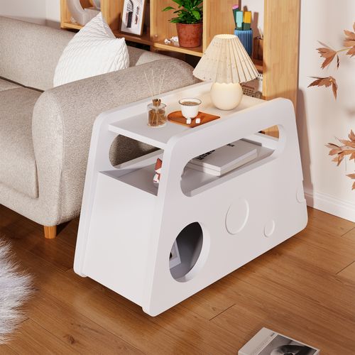 Table D’appoint Mobile - Table Blanche Avec Roulettes - Compacte Salon Chambre - Structure Mdf