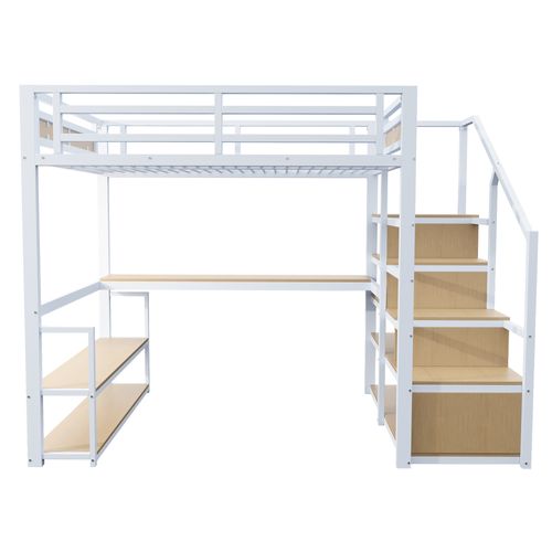 Lit Mezzanine 140x200 Cm - Avec Bureau Et Étagères - Métal Mdf - Blanc