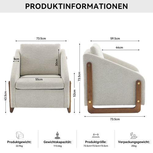 Fauteuil Relax - Fauteuil Décoratif - Accoudoirs En Bois - Confortable Et Stylé - Beige