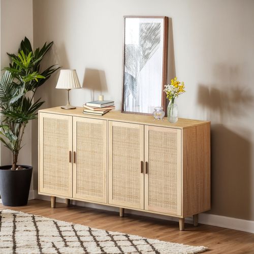 Buffet Multifonction - 4 Portes - Meuble Rangement - Rotin Et Bois Massif - Naturel