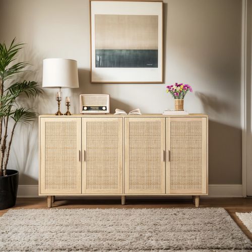 Buffet Multifonction - 4 Portes - Meuble Rangement - Rotin Et Bois Massif - Naturel
