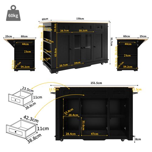 Îlot De Cuisine - Chariot De Cuisine Mobile - Plan De Travail - Portes En Verre Trempé - Mdf - Noir