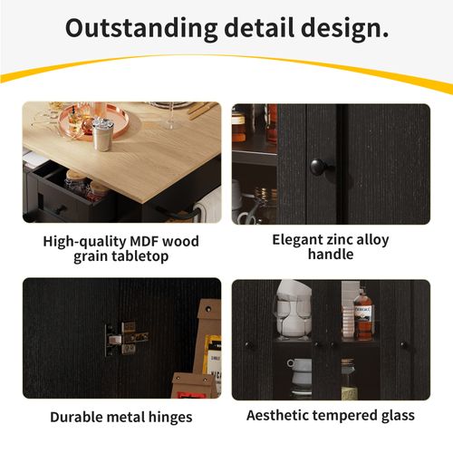 Îlot De Cuisine - Chariot De Cuisine Mobile - Plan De Travail - Portes En Verre Trempé - Mdf - Noir
