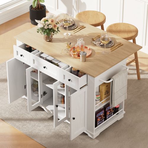 Îlot De Cuisine - Chariot De Cuisine Mobile - Plan De Travail - Portes En Verre Trempé - Mdf - Blanc