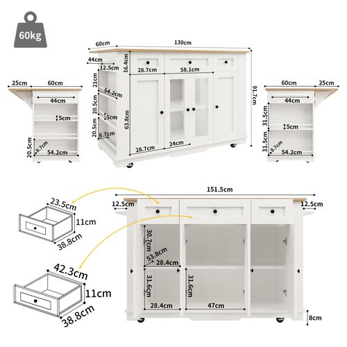 Îlot De Cuisine - Chariot De Cuisine Mobile - Plan De Travail - Portes En Verre Trempé - Mdf - Blanc