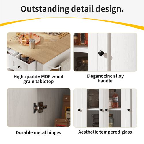 Îlot De Cuisine - Chariot De Cuisine Mobile - Plan De Travail - Portes En Verre Trempé - Mdf - Blanc