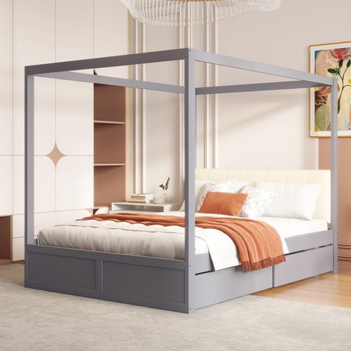 Lit 140x200 Cm - Lit Junior - Tiroirs Spacieux - Dossier Rembourré - Bois Et Tissu - Gris