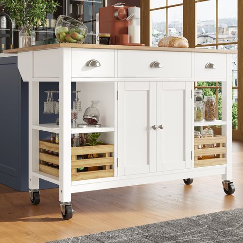 Îlot De Cuisine - Meuble Multifonction - Paniers En Pin - Rangement Intégré - Mdf - Blanc+naturel