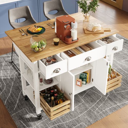 Îlot De Cuisine - Meuble Multifonction - Paniers En Pin - Rangement Intégré - Mdf - Blanc+naturel