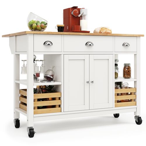 Îlot De Cuisine - Meuble Multifonction - Paniers En Pin - Rangement Intégré - Mdf - Blanc+naturel