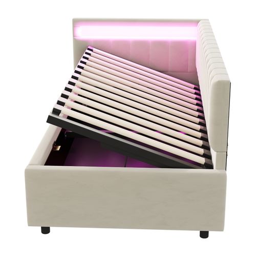 Lit 90x200 Cm - Coffre Hydraulique - LED - Tête Latérale Réglable - Velours - Beige