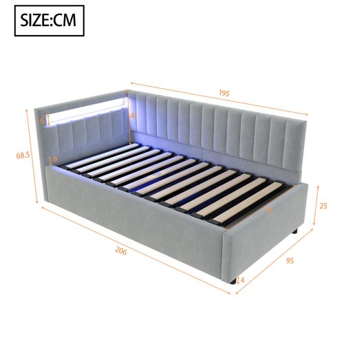 Lit 90x200 Cm - Coffre Hydraulique - LED Intégrée - Velours - Gris Clair