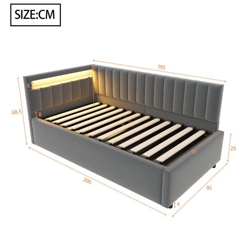 Lit 90x200 Cm - Canapé-lit Avec Coffre De Rangement - LED Intégrée - Velours - Gris