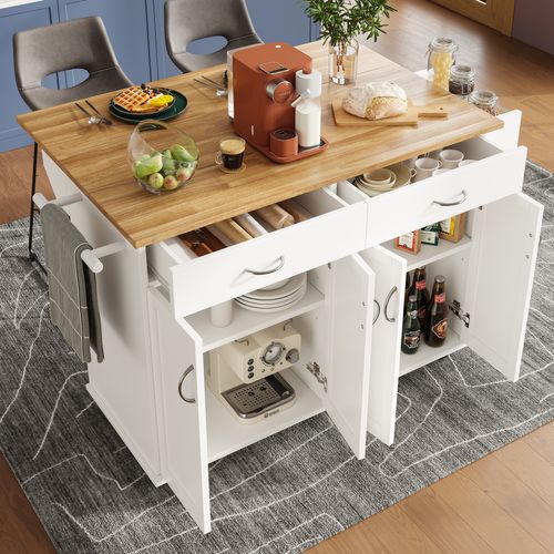 Îlot De Cuisine Mobile - Plan De Travail Et Rangement Compact - Mdf Métal - Blanc