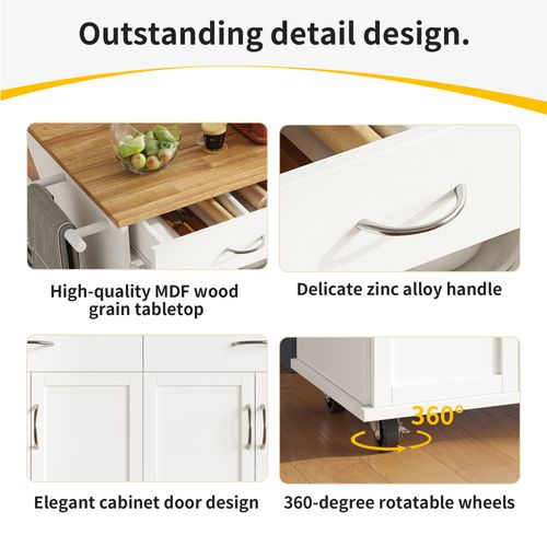 Îlot De Cuisine Mobile - Plan De Travail Et Rangement Compact - Mdf Métal - Blanc