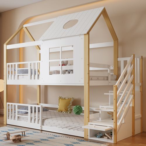 Lit Superposé 90x200 Cm - Lit Enfant Avec Barrière Sécurité - Escalier - Rangement- Mdf - Blanc