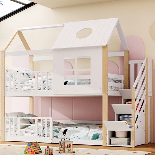 Lit Superposé 90x200 Cm - Lit Enfant Avec Barrière Sécurité - Escalier - Rangement- Mdf - Blanc