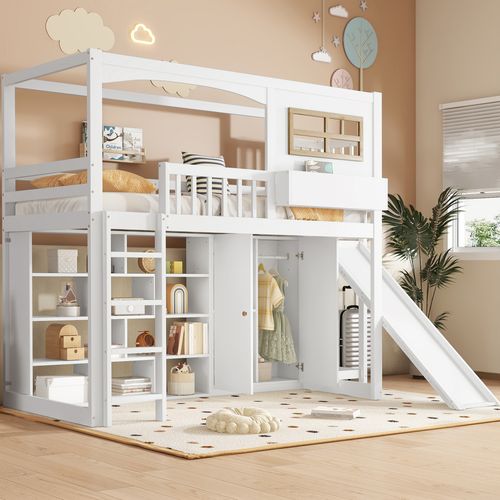 Lit Cabane Enfant 90×200 Cm - Toboggan - Armoire - Garde-corps Sécurisé - Bois - Blanc