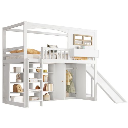 Lit Cabane Enfant 90×200 Cm - Toboggan - Armoire - Garde-corps Sécurisé - Bois - Blanc