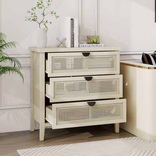 Commode 3 Tiroirs En Rotin - Tissage Alvéolé - Rails De Glissement - Meuble Polyvalent -bois Naturel