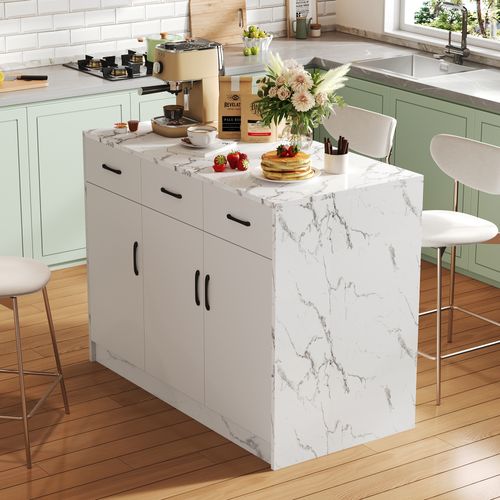 Îlot De Cuisine -rangement -3 Tiroirs Silencieux - 3 Portes -étagères Réglables - Blanc Effet Marbre