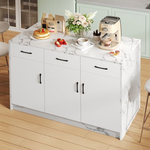 Îlot De Cuisine -rangement -3 Tiroirs Silencieux - 3 Portes -étagères Réglables - Blanc Effet Marbre