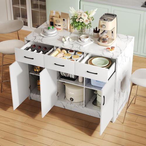 Îlot De Cuisine -rangement -3 Tiroirs Silencieux - 3 Portes -étagères Réglables - Blanc Effet Marbre