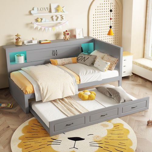 Lit Gigogne Multifonction 90x200 -rangement Latéral Et Lit Tiroir -led Avec Télécommande - USB -gris