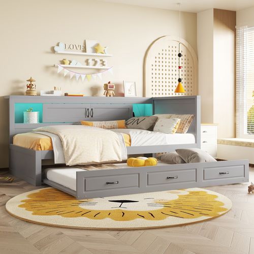 Lit Gigogne Multifonction 90x200 -rangement Latéral Et Lit Tiroir -led Avec Télécommande - USB -gris