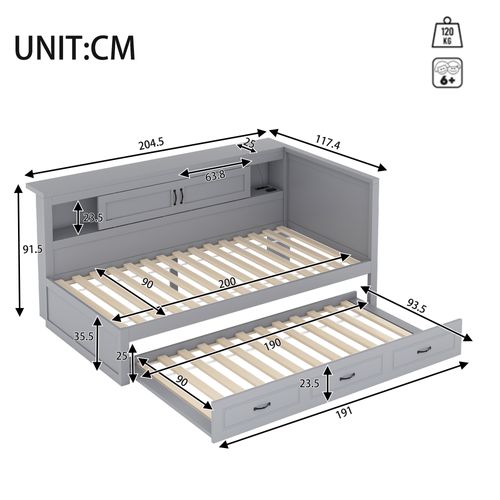 Lit Gigogne Multifonction 90x200 -rangement Latéral Et Lit Tiroir -led Avec Télécommande - USB -gris