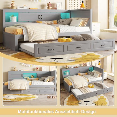Lit Gigogne Multifonction 90x200 -rangement Latéral Et Lit Tiroir -led Avec Télécommande - USB -gris