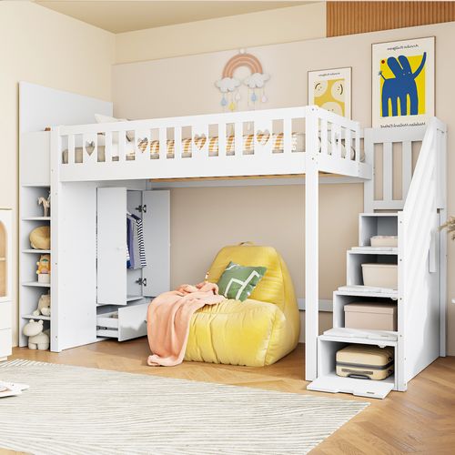 Lit Mezzanine 90x200 - Lit Combiné- Échelle Intégrée - Rangement Et Espace De Stockage - Pin - Blanc