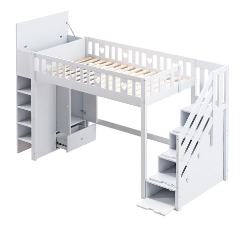 Lit Mezzanine 90x200 - Lit Combiné- Échelle Intégrée - Rangement Et Espace De Stockage - Pin - Blanc