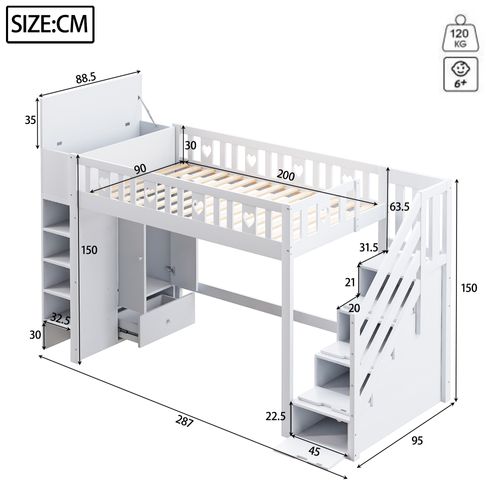 Lit Mezzanine 90x200 - Lit Combiné- Échelle Intégrée - Rangement Et Espace De Stockage - Pin - Blanc