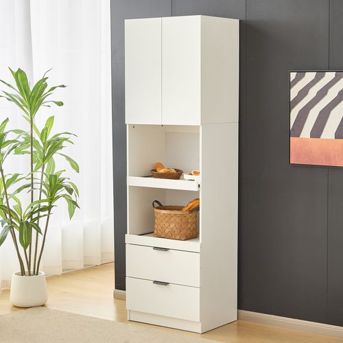 Armoire De Cuisine - Niche Micro-ondes - Tiroirs Et Portes - Rangement - Anti-basculement - Blanc