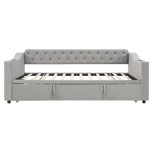 Lit Gigogne 90x190 Cm - Velours Gris - USB - Accoudoirs Rangement - Lit Multifonction