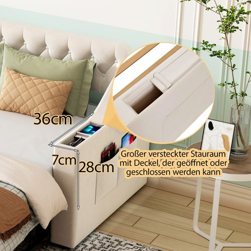 Lit Gigogne 90x190 Cm - Coffres Intégrés - Prise USB - Convertible Multifonction - Velours - Beige