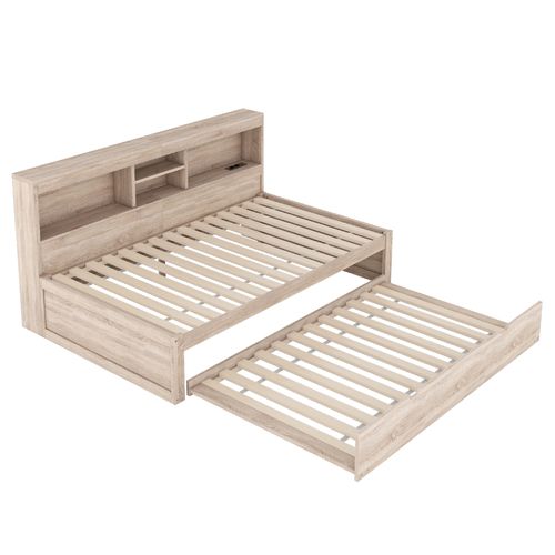 Lit Gigogne 90x200 - Lit Multifonction - Rangement Latéral - LED Et USB - Naturel