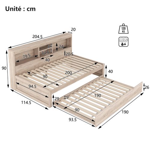 Lit Gigogne 90x200 - Lit Multifonction - Rangement Latéral - LED Et USB - Naturel