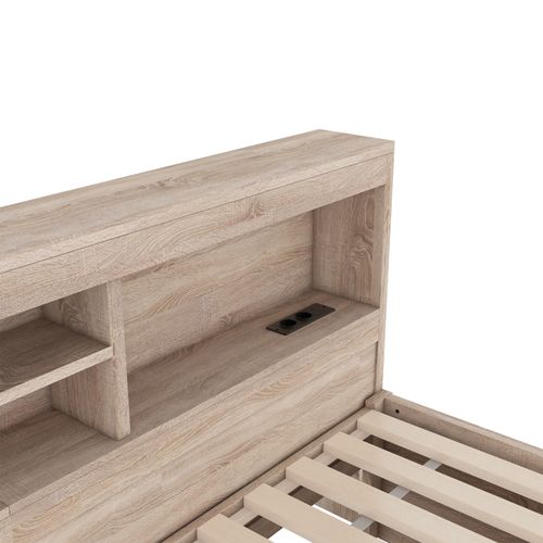 Lit Gigogne 90x200 - Lit Multifonction - Rangement Latéral - LED Et USB - Naturel