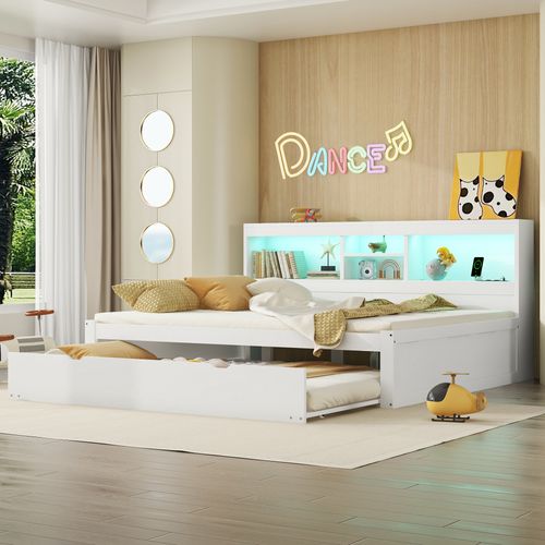 Lit Gigogne 140x200 Cm - Tiroir 90x190 - LED - USB - Prise Électrique - Rangement - Blanc