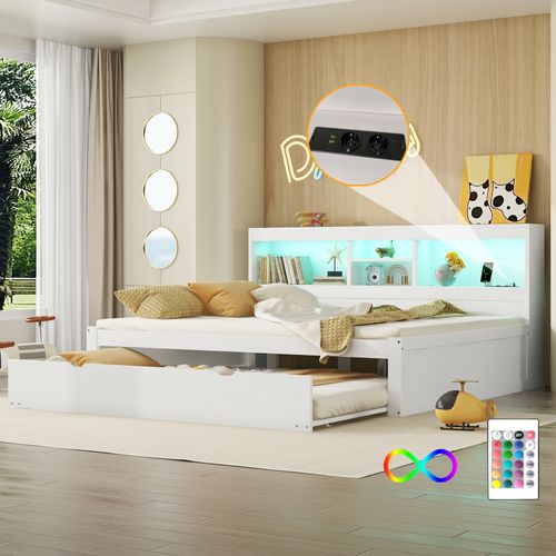 Lit Gigogne 140x200 Cm - Tiroir 90x190 - LED - USB - Prise Électrique - Rangement - Blanc