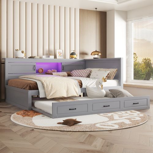 Lit Gigogne Multifonction 140x200 - Tiroir De Rangement - LED Avec Télécommande - Ports USB - Gris