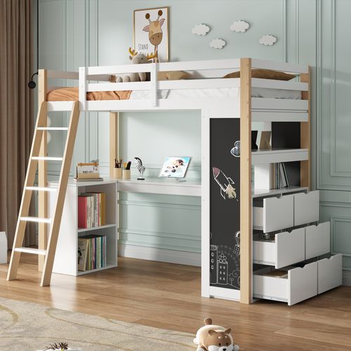 Lit Enfant 90x200 Cm - Lit Haut Avec Bureau Et Tiroir De Rangement - Bois Massif Mdf - Blanc Naturel
