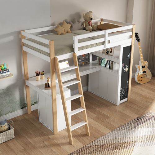 Lit Enfant 90x200 Cm - Lit Haut Avec Bureau Et Tiroir De Rangement - Bois Massif Mdf - Blanc Naturel
