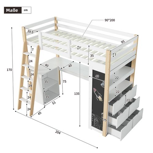 Lit Enfant 90x200 Cm - Lit Haut Avec Bureau Et Tiroir De Rangement - Bois Massif Mdf - Blanc Naturel