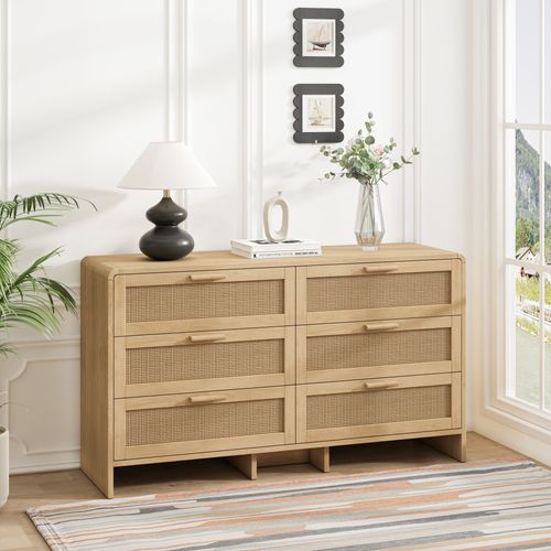 Commode Rotin Naturel 6 Tiroirs - Meuble De Rangement Pour Salon Chambre Cuisine - Naturelle
