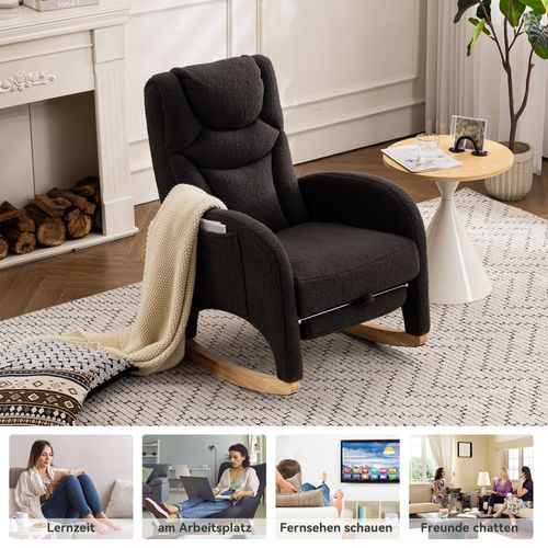Fauteuil Relax à Bascule - Accoudoirs - Repose-pieds - Assise Rembourrée - Tissu Teddy - Gris Foncé